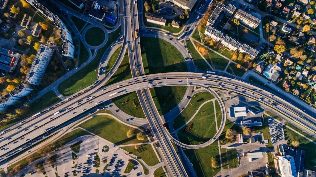 Aerial Photo of Buildings and Roads showing sustainable transportation