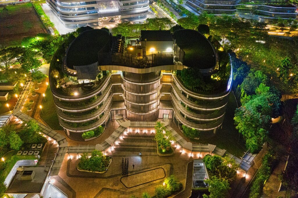 modern buildings at night representing green building and sustainable architecture