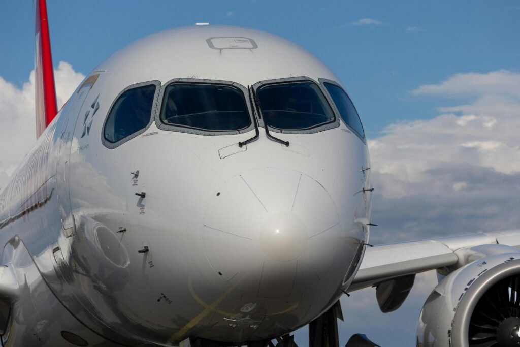 Close-up of the Nose of an Airbus A220, sustainable aviation fuels
