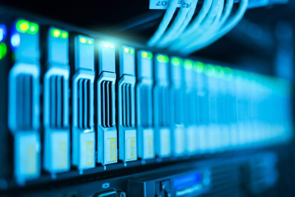 Detailed image of a server rack with glowing lights in a modern data center. Big data in climate prediction.