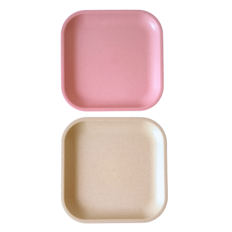 two8in snack plates pink and soft beige on white background