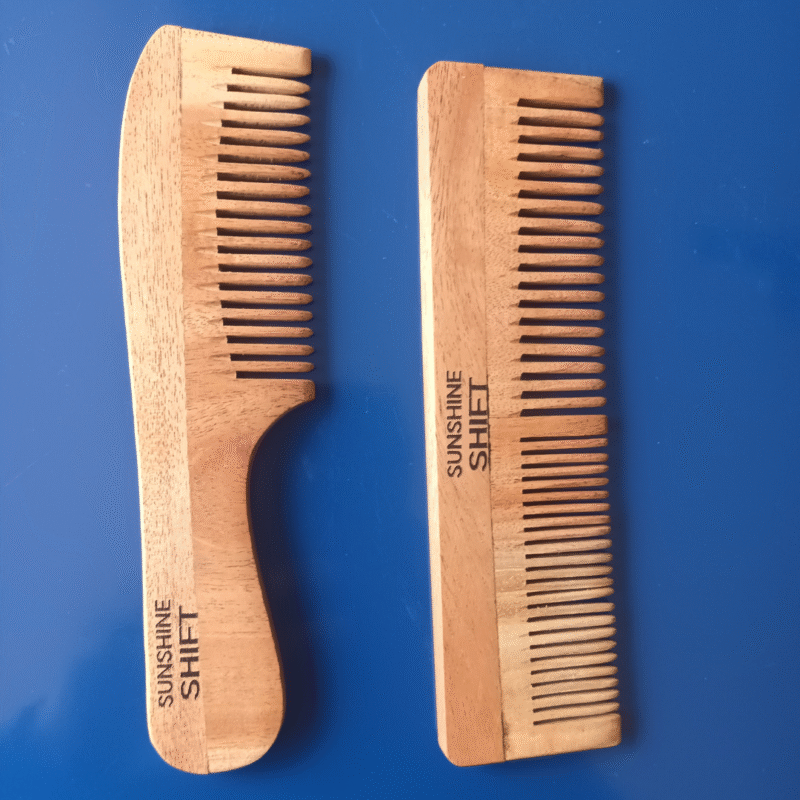 1 wide tooth and 1 dual tooth neem wood comb